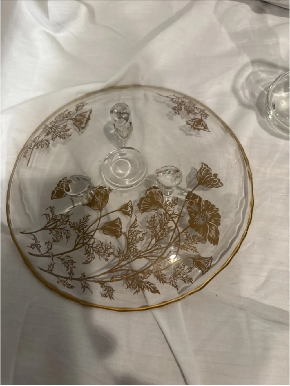 Vintage Glass Dish, Bud Vase & Caprice Footed Platter W/painted Gold 1065